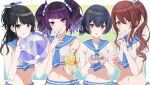  4girls armpit_crease ball beachball bikini black_hair blue_nails blue_neckerchief blue_sailor_collar blunt_bangs blush border bow bow_bikini breasts brown_hair collarbone comiket_102 commentary cup cupping_hands diagonal_bangs eating food game_cg gradient_background gradient_hair grin hair_between_eyes hair_bow hair_ornament hair_ribbon half_updo hand_up head_tilt holding holding_ball holding_beachball holding_cup holding_food idolmaster idolmaster_shiny_colors incoming_drink kazano_hiori long_hair looking_at_viewer matching_outfits morino_rinze multicolored_hair multicolored_nails multiple_girls nail_polish navel neckerchief official_art osaki_tenka outline outside_border own_hands_together parted_lips ponytail popsicle purple_eyes purple_hair purple_lips red_eyes ribbon sailor_bikini sailor_collar sailor_swimsuit_(idolmaster) shell short_twintails side_ponytail sidelocks simple_background small_breasts smile stomach swimsuit tanaka_mamimi twintails updo upper_body wavy_hair white_bikini white_border white_nails white_outline yellow_eyes 