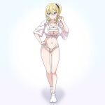  1girl ass_visible_through_thighs blonde_hair blue_eyes blue_nails blue_scrunchie breasts chest_sarashi cleavage closed_mouth collarbone full_body fundoshi hair_ornament hair_scrunchie hand_on_own_hip hayasaka_ai japanese_clothes kaguya-sama_wa_kokurasetai_~tensai-tachi_no_renai_zunousen~ large_breasts looking_at_viewer nail_polish navel ruri sarashi scrunchie shirt side_ponytail smile socks solo standing tied_shirt white_socks 