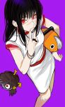  1girl absurdres bird black_hair bracelet chainsaw chainsaw_man hand_on_own_face hand_on_own_hip highres jewelry looking_at_viewer pochita_(chainsaw_man) red_eyes ringed_eyes sailen0 scar scar_on_face shirt skirt war_devil_(chainsaw_man) white_shirt white_skirt yoru_(chainsaw_man) 