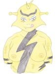  breasts electabuzz eyeshadow female generation_1_pokemon humanoid looking_at_viewer low_res makeup nintendo nipples pokemon pokemon_(species) simple_background solo tongue tongue_out yellow_body 