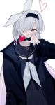  1girl 8rk9 absurdres arm_at_side black_choker black_hairband black_jacket black_sailor_collar black_serafuku black_shirt black_skirt blue_archive blush bow braided_sidelock choker collarbone collared_jacket covering_mouth grey_eyes grey_hair hair_bow hair_over_one_eye hairband heart highres jacket long_hair long_skirt long_sleeves looking_at_viewer neckerchief one_eye_covered parted_bangs plana_(blue_archive) pleated_skirt raised_eyebrows red_pupils sailor_collar school_uniform serafuku shirt sidelocks simple_background skirt solo white_background white_bow white_neckerchief 