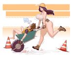  1boy 1girl after_sex bottomless breasts brown_footwear brown_gloves brown_hair construction_worker cum cum_on_self cumdrip gloves hard_hat helmet highres long_hair materclaws open_mouth original running traffic_cone unconscious vest wheelbarrow 