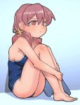  1girl :t bare_arms bare_legs bare_shoulders barefoot blue_background blue_one-piece_swimsuit breasts brown_hair commentary feet from_side full_body gradient_background hair_between_eyes highres hugging_own_legs kickboard large_breasts legs long_hair multicolored_hair murosaki_miyo one-piece_swimsuit onii-chan_wa_oshimai! pout red_eyes red_hair school_swimsuit shiriananmin simple_background sitting solo swimsuit toes two-tone_hair 