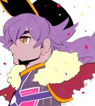  1boy black_headwear brown_eyes cape closed_mouth confetti facial_hair fur-trimmed_cape fur_trim highres homare007 leon_(pokemon) long_hair male_focus pokemon pokemon_(game) pokemon_swsh red_cape sideburns smile solo tan thick_eyebrows upper_body white_background 