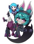  1girl absurdres animal_ear_fluff beseunaj-jamjaneun_gemdol-i black_hoodie character_doll ears_through_headwear fang from_side green_hair gwen_(league_of_legends) highres hood hood_up hoodie league_of_legends long_pointy_ears long_sleeves looking_at_viewer pants pink_eyes pink_pants pointy_ears shoes short_hair skin_fang sleeves_past_fingers sleeves_past_wrists vex_(league_of_legends) vex_shadow_(league_of_legends) yordle 