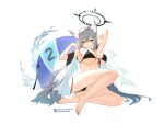  1girl absurdres ahoge alternate_costume animal_ear_fluff animal_ears arm_behind_head armpits ass barefoot bikini black_bikini black_nails blue_archive blue_eyes breasts broken_halo cleavage commentary_request cross_hair_ornament grey_hair hair_between_eyes hair_ornament halo highres innertube knee_up large_breasts liwendala long_hair looking_at_viewer mismatched_pupils nail_polish navel shiroko_(blue_archive) shiroko_terror_(blue_archive) sidelocks simple_background sitting sleeveless solo stomach swimsuit white_background wolf_ears wolf_girl 