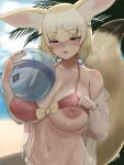  1girl alternate_breast_size animal_ears ball beach beachball bikini bikini_top_lift black_hair blonde_hair blurry blurry_background blush bow bow_bikini breasts breasts_apart clothes_lift collarbone covered_nipples day extra_ears eyelashes fennec_(kemono_friends) flashing fox_ears fox_girl fox_tail grey_eyes hair_between_eyes half-closed_eyes halterneck hands_up highres holding holding_ball holding_beachball huge_breasts jacket kemono_friends large_areolae lifted_by_self long_sleeves looking_at_viewer medium_hair multicolored_hair navel nipples nose_blush ocean off_shoulder open_clothes open_jacket outdoors parted_lips sand seductive_smile see-through see-through_jacket shade shibori_kasu smile solo stomach sweat swimsuit tail tree_shade upper_body 