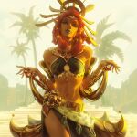  1girl alex_garner bare_shoulders dark-skinned_female dark_skin eyeliner eyeshadow gerudo gold green_eyes green_lips hair_ornament jewelry makeup nose outdoors red_hair riju sheath sheathed side_slit solo sword the_legend_of_zelda the_legend_of_zelda:_tears_of_the_kingdom weapon 