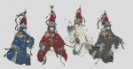 4boys absurdres aiguillette armor black_armor blue_armor brigandine_armor chinese_armor chinese_commentary hand_up highres horseback_riding long_sleeves multiple_boys original pointy_hat red_armor red_tassel riding saddle sleeves_past_wrists smile tassel white_armor xibo 
