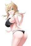  1girl animal_ear_fluff animal_ears ass bare_arms bare_legs bare_shoulders bikini black_bikini blonde_hair blush breasts cat_ears fang green_eyes hair_between_eyes highres inuzumi_masaki kantai_collection large_breasts long_hair low_twintails open_mouth prinz_eugen_(kancolle) simple_background smile solo swimsuit twintails white_background 