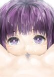  2girls close-up commentary_request cunnilingus ishikei looking_at_viewer multiple_girls oral original paid_reward_available purple_eyes purple_hair pussy simple_background white_background yuri 