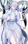 +_+ 1girl aqua_hair body_markings braid breasts curled_horns dress fate/grand_order fate/grand_order_arcade fate_(series) hair_between_eyes highres horns large_breasts larva_tiamat_(fate) larva_tiamat_(third_ascension)_(fate) long_hair long_horns long_sleeves looking_at_viewer nakamura_regura pantyhose pink_eyes pointy_ears ribbed_dress sidelocks smile solo standing symbol-shaped_pupils tail thighs tiamat_(fate) very_long_hair white_dress white_pantyhose 