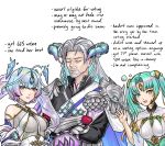  1boy 2girls aqua_hair armor bare_shoulders beard black_shirt blonde_hair blue_eyes blue_hair bodysuit breasts cape choker closed_mouth clothing_cutout commentary crossed_arms detached_sleeves english_commentary english_text facial_hair fire_emblem fire_emblem_heroes forehead_jewel gauntlets goat_horns grey_bodysuit grey_hair grimaisbestwaifu heidr_(fire_emblem) height_difference heterochromia highres horns long_hair long_sleeves looking_at_viewer medium_breasts multicolored_hair multiple_girls njord_(fire_emblem) parted_bangs purple_cape purple_hair seidr_(fire_emblem) shirt short_hair shoulder_armor shoulder_cutout simple_background skindentation smile twintails very_long_hair white_background white_bodysuit yellow_eyes 