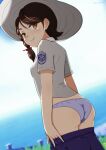  1girl absurdres arms_at_sides ass blue_shorts braid breasts brown_eyes brown_hair clothes_pull covered_nipples day from_side grey_panties hat highres juliana_(pokemon) medium_hair ocean outdoors panties pokemon pokemon_(game) pokemon_sv shirt short_sleeves shorts shorts_pull sirokohi small_breasts smile solo sun_hat underwear 