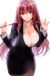  breasts cleavage engo_(aquawatery) fate/grand_order fate_(series) gae_bolg_(fate) hair_intakes holding holding_pointer large_breasts lipstick long_hair long_sleeves makeup pencil_skirt pointer purple_hair red_eyes scathach_(fate) simple_background skirt skirt_suit suit teacher 