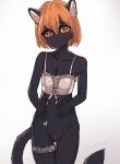  black_body clothing costume cute_expression felid feline female genitals hair mammal orange_hair pussy sleepyhelen solo 