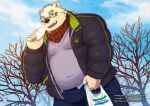  1boy alternate_costume animal_ears bag bara bare_tree bear_boy bear_ears belly blue_sky bulge covered_navel cowboy_shot daisukebear dutch_angle eating familymart fat fat_man food_request forked_eyebrows furry furry_male glasses jacket leib_(housamo) male_focus mature_male open_clothes open_jacket paid_reward_available pants pectorals plastic_bag plump purple_sweater red_scarf scarf short_hair sideburns sky smile snow solo sweater thick_eyebrows tokyo_afterschool_summoners tree winter_clothes 