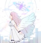 1girl :d absurdres angel_wings blue_archive blunt_bangs capelet commentary_request dress dsfr facing_away feathered_wings frilled_dress frills from_side gradient_hair halo highres long_hair looking_away looking_up mika_(blue_archive) multicolored_hair pantyhose pink_hair sidelocks simple_background smile solo two-tone_hair white_background white_capelet white_dress white_pantyhose white_wings wings wrist_cuffs yellow_eyes 