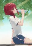  1girl arima_kana blue_sky blush bob_cut bottle char_4321 drinking gym_uniform highres holding holding_bottle inverted_bob looking_to_the_side oshi_no_ko red_eyes red_hair shirt short_hair shorts sitting sky solo tree water_bottle white_shirt 