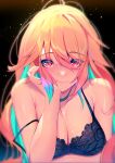  1girl absurdres bare_shoulders blush bra breasts choker earrings feather_earrings feathers gradient_hair green_hair highres hololive hololive_english jewelry large_breasts long_hair looking_at_viewer multicolored_hair orange_hair purple_eyes smile solo strap_slip takanashi_kiara the0neulost underwear virtual_youtuber 