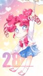  1girl bishoujo_senshi_sailor_moon blue_eyes blue_skirt brooch chibi_chibi curly_hair double_bun drill_hair hair_bun heart_hair_bun highres jewelry pink_footwear red_hair sarashina_kau shirt shoes skirt smile solo umbrella waist_brooch white_shirt wing_brooch 