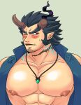  1boy abs bara bare_pectorals blue_hair blush broken_horn dark_blue_hair demon_boy demon_horns denim facial_hair fang fang_out fiery_horns highres horns jewelry large_pectorals looking_at_viewer male_focus mature_male muscular muscular_male necklace nipples one_eye_closed pectoral_focus pectorals scar scar_on_neck short_hair shy sideburns sleeveless solo stubble sweatdrop takemaru_(housamo) thick_eyebrows tokyo_afterschool_summoners uden_(udeden_odon) upper_body 