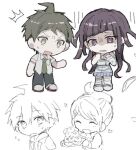  2boys 2girls :d ^^^ aemono_(lemolemo_lmn) ahoge asahina_aoi bandaged_leg bandages bandaid bandaid_on_knee bandaid_on_leg black_hair black_pants blush brown_hair chibi collared_shirt d: danganronpa:_trigger_happy_havoc danganronpa_(series) danganronpa_2:_goodbye_despair doughnut food green_necktie heart hinata_hajime long_hair miniskirt mole mole_under_eye multiple_boys multiple_girls naegi_makoto necktie pants pink_eyes shirt short_hair skirt smile tsumiki_mikan 