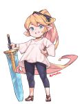  1girl alternate_costume black_bow blonde_hair blue_eyes bow brown_footwear charlotta_(granblue_fantasy) commentary_request full_body granblue_fantasy hair_bow hand_on_own_hip harvin highres holding holding_sword holding_weapon jingai_modoki long_hair long_sleeves looking_at_viewer pointy_ears sandals shirt simple_background smile solo standing sword toes twitter_username weapon white_background white_shirt 
