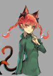  1girl absurdres animal_ears black_bow bow braid cat_ears cat_girl cat_tail closed_mouth commentary cropped_torso dress extra_ears green_dress grey_background hair_bow highres index_finger_raised iouley kaenbyou_rin long_hair long_sleeves multiple_tails nekomata pointy_ears red_eyes red_hair side_braids simple_background smile solo tail touhou twin_braids two_tails 