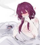  1boy 1girl absurdres after_sex black_hair blade_(honkai:_star_rail) blanket breasts cigarette cleavage hair_between_eyes heart hetero highres honkai:_star_rail honkai_(series) huge_breasts kafka_(honkai:_star_rail) kurenaiz1 lipstick_mark long_hair pillow purple_eyes purple_hair sketch smoking under_covers 