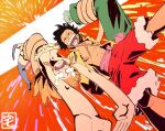  1girl 2boys artist_logo black_hair black_thighhighs closed_eyes crying crying_with_eyes_open dress gradient_background green_hair green_kimono highres japanese_clothes kimono long_hair monkey_d._luffy multiple_boys muscular muscular_male nami_(one_piece) one_piece open_clothes orange_background pink_sash red_hair red_shorts roronoa_zoro sash scar scar_on_chest scared shirt short_hair shorts taku_(aywakutakuay) tears teeth thighhighs tongue toon_(style) yellow_dress yellow_shirt 