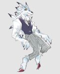  anthro bandai_namco beastars bottomwear clawed_fingers claws clothing cosplay crossover crossover_cosplay digimon digimon_(species) drawfee dress_shirt fangs fluffy fur karina_farek male necktie pants prick_ears school_uniform shirt solo teeth toe_claws topwear uniform vest weregarurumon 