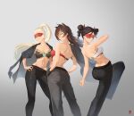  3girls absurdres alternate_costume ass back bare_back black_coat black_hair black_pants braid braided_bun breasts cleavage coat coat_on_shoulders commentary_request dancing dehya_(genshin_impact) double_bun eremite_desert_clearwater_(genshin_impact) eremite_galehunter_(genshin_impact) ermu_(enmmm) eye_mask from_behind genshin_impact grey_eyes grey_hair hair_between_eyes hair_bun hand_on_own_hip highres long_hair long_sleeves looking_at_viewer looking_back midriff multicolored_hair multiple_girls open_clothes open_coat pants parted_bangs scar scar_on_back side_ponytail simple_background sleeveless smile standing standing_on_one_leg stomach streaked_hair twintails two-tone_hair 
