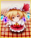  1girl ascot baileys_(tranquillity650) blonde_hair border brown_footwear closed_mouth collared_shirt fisheye flandre_scarlet foreshortening frilled_shirt_collar frilled_skirt frilled_sleeves frills from_above glowing glowing_wings hat hat_ribbon head_tilt highres looking_at_viewer medium_hair mob_cap multicolored_wings one_side_up puffy_short_sleeves puffy_sleeves red_eyes red_ribbon red_skirt red_vest ribbon shirt short_sleeves skirt skirt_set solo standing touhou vest white_headwear white_shirt wings wrist_cuffs yellow_ascot yellow_border 