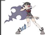  1girl anklet belt black_hair black_shirt blunt_bangs boots breasts cloak commentary_request cowlick full_body grey_footwear grey_shorts hand_up highres holding holding_poke_ball jewelry looking_to_the_side over-kneehighs poke_ball poke_ball_(basic) pokemon pokemon_(game) pokemon_oras red_belt rii_(mrhc7482) rope_belt shirt short_shorts shorts sleeveless sleeveless_shirt solo squatting thighhighs toeless_footwear zinnia_(pokemon) 