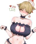  1girl animal_ears bare_shoulders bell black_bra blonde_hair blue_archive blush bra breasts cat_cutout cat_ears cat_lingerie choker cleavage cleavage_cutout clothing_cutout collarbone frilled_bra frills gun highres k8on kemonomimi_mode large_breasts looking_at_viewer marina_(blue_archive) meme meme_attire navel panties ppsh-41 simple_background solo stomach submachine_gun twitter_strip_game_(meme) underwear underwear_only weapon white_background yellow_eyes 