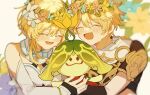  1boy 1girl aether_(genshin_impact) al_cr91 aranara_(genshin_impact) blonde_hair closed_mouth dress flower_wreath genshin_impact happy_tears lumine_(genshin_impact) open_mouth short_hair smile tears upper_body white_dress 