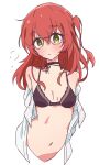  1girl :o bespectacled black_bra black_choker bocchi_the_rock! bra breasts choker glasses green_eyes hair_between_eyes highres kita_ikuyo looking_at_viewer medium_hair mel_(melty_pot) navel one_side_up open_clothes open_shirt red_hair shirt simple_background small_breasts solo underwear white_background white_shirt 