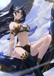  1girl anklet armlet bare_shoulders barefoot bikini black_hair black_thighhighs breasts cleavage earrings fate/grand_order fate_(series) grin highres ishtar_(fate) jewelry kdm_(ke_dama) long_hair navel red_eyes single_thighhigh sitting smile solo swimsuit thighhighs 
