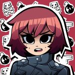  1girl black_eyes black_jacket bomb commentary english_commentary explosive freckles highres jacket kermittend kim_pine open_mouth portrait red_background red_hair round_teeth scott_pilgrim_(series) skull_and_crossbones solo teeth x_x 