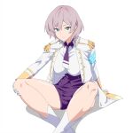  1girl arm_support blue_eyes breasts collar corset epaulettes gloves grey_hair gridman_universe highres jacket large_breasts looking_at_viewer military_jacket mujina necktie purple_collar purple_corset purple_necktie purple_shorts short_hair short_necktie shorts simple_background sitting solo ssss.dynazenon thighs underbust white_background white_gloves white_jacket yoshida_keiji 