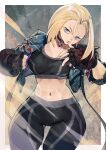  1girl abs antenna_hair black_choker black_pants blonde_hair blue_eyes blue_jacket breasts cammy_white choker fingerless_gloves gloves highres hyocorou jacket large_breasts looking_at_viewer midriff open_clothes open_jacket pants scar scar_on_face simple_background solo sparkle sports_bra street_fighter street_fighter_6 thigh_gap thighs toned yoga_pants 