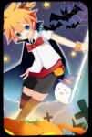  1boy armband bat_(animal) black_cape black_shorts blue_eyes bow bowtie brown_thighhighs cape collared_shirt cross crucifix cutlery fang fanny_pack fork ghost halloween halloween_costume happy hat high_ponytail highres horns jack-o&#039;-lantern kagamine_len male_focus meranoreuka_(naokentak) messy_hair open_mouth orange_hair pointy_ears ponytail red_bow red_bowtie shirt short_hair short_ponytail short_sleeves shorts silk single_horn smile solo spider_web star_(symbol) striped striped_thighhighs thighhighs vocaloid white_shirt witch_hat 