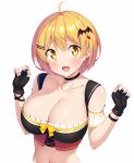  1girl :d ahoge bare_shoulders bat_hair_ornament black_choker black_gloves blonde_hair blush breasts choker claw_pose cleavage collarbone commentary_request cropped_torso earrings fang fingerless_gloves gloves hair_between_eyes hair_ornament hairclip hands_up hexagram highres hololive jewelry kazuma_(kazumav) large_breasts looking_at_viewer navel short_hair simple_background smile solo star_(symbol) star_earrings upper_body virtual_youtuber white_background yellow_eyes yozora_mel 