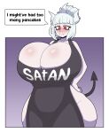  absurd_res apron apron_only big_breasts black_apron black_tail breasts bulging_breasts bursting cleavage clothed clothing curvy_figure demon demon_humanoid duskyer english_text eyelashes female gradient_background hair helltaker hi_res horn huge_breasts humanoid looking_at_viewer lucifer_(helltaker) not_furry red_eyes simple_background solo spade_tail tail text thick_thighs updo voluptuous white_hair white_horn wide_hips 