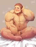  1boy abs bara blush brown_hair completely_nude facial_hair flaccid forearms goatee hand_on_own_head highres knees_apart_feet_together large_pectorals leoandaslan_(leobongnana) looking_to_the_side male_focus muscular muscular_male nipples nude pectorals penis penis_peek pubic_hair scar scar_on_cheek scar_on_face scratching_head short_hair shy sideburns solo sparse_pubic_hair strongman_waist sweat tamamura_gunzo thick_arms thick_eyebrows tokyo_afterschool_summoners very_sweaty 