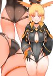  1girl adjusting_clothes adjusting_swimsuit ass ass_visible_through_thighs black_one-piece_swimsuit blonde_hair blush breasts cleavage cleavage_cutout closed_mouth clothing_cutout commentary_request fate/grand_order fate_(series) from_behind from_below gloves head_wings highleg highleg_swimsuit highres jacket long_sleeves looking_at_viewer multiple_views one-piece_swimsuit red_eyes rindr_(fate) short_hair simple_background smile swimsuit thigh_gap thighs valkyrie_(fate) white_background wings yoosai 