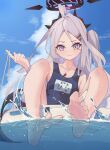  1girl afloat ahoge barefoot blue_archive blue_sky blurry cloud cloudy_sky collarbone commentary_request demon_girl demon_horns demon_wings depth_of_field forehead hair_ornament hairclip halo highres hina_(blue_archive) hina_(swimsuit)_(blue_archive) horns in_water innertube long_hair looking_at_viewer name_tag ocean official_alternate_costume old_school_swimsuit on_innertube one_side_up parted_bangs purple_eyes school_swimsuit sidelocks sky sleeveless soles solo swimsuit toes user_hykc3887 wet whistle whistle_around_neck white_hair wings 