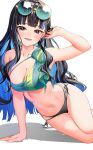  1girl absurdres bikini black_bikini_bottom black_hair blue_hair blush breasts commission eyewear_on_head fate/grand_order fate_(series) green_bikini hand_on_own_head highres large_breasts long_hair looking_at_viewer multi-strapped_bikini multicolored_hair navel raag_jp round_eyewear simple_background skeb_commission smile solo stomach swimsuit tenochtitlan_(fate) two-tone_bikini two-tone_hair 