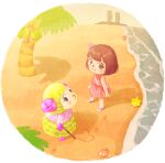  2girls :3 animal_crossing bag beach blunt_bangs blush blush_stickers brown_hair closed_mouth coconut coconut_tree commentary_request coral curled_horns dress eyelashes flip-flops flower footprints furry furry_female hair_flower hair_ornament handbag heart holding holding_stick horns long_sleeves looking_at_viewer looking_back moai_(aoh) multiple_girls outdoors palm_tree pink_dress pink_flower pink_horns pink_shirt sand sandals scallop seashell sheep_girl shell shirt shore short_hair sky sleeveless sleeveless_dress smile standing stick striped striped_dress transparent_background tree vertical-striped_dress vertical_stripes villager_(animal_crossing) water white_bag willow_(animal_crossing) yellow_sky 